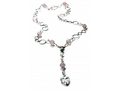 Kunzite, Purple Agate Chalcedony, Clear Quartz, Pearl Necklace