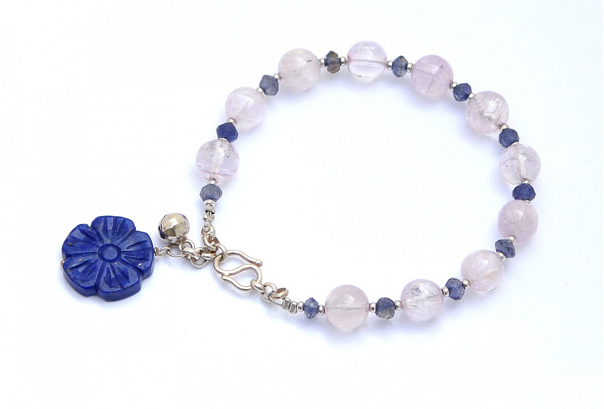 Shining Brilliant Natural Kunzite Iolite Lapis Lazuli Sterling Silver Bracelet