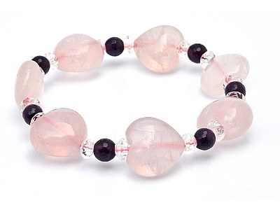 Rose Quartz Heart Shaped Bracelet with Amethyst and Clear Quartz Faceted Beads