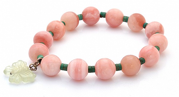 Pink Opal Beads Bracelet with Prehnite Butterfly Hanger