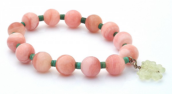 Pink Opal Beads Bracelet with Prehnite Butterfly Hanger