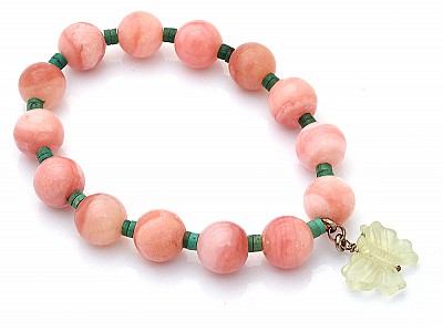 Pink Opal Beads Bracelet with Prehnite Butterfly Hanger