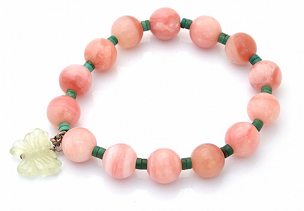 Pink Opal Beads Bracelet with Prehnite Butterfly Hanger