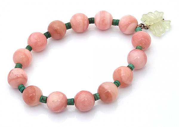 Pink Opal Beads Bracelet with Prehnite Butterfly Hanger