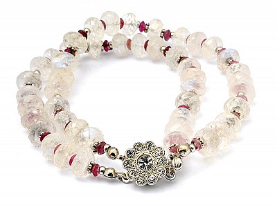 Moon Stone Pink Tourmaline Beads Bracelet with Silver Ornaments