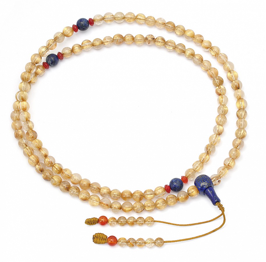 Genuine AAAA Golden Rutilated Quartz 7mm Beads Mala with Lapis